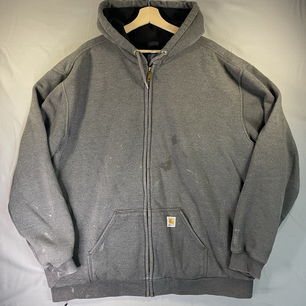 VTG Carhartt Rain Defender Heavy Hoodie Gray Thermal Lined Men's 2XLT (Stained)